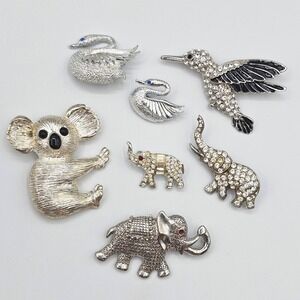 Vtg Lot Silver Tone Black Rhinestone Animal Brooch Figural Elephants Birds Koala